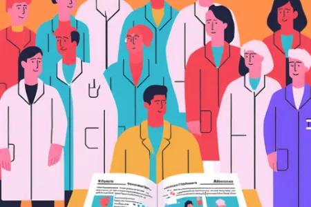 A group of people wearing coloured lab coats hold an article in their hands